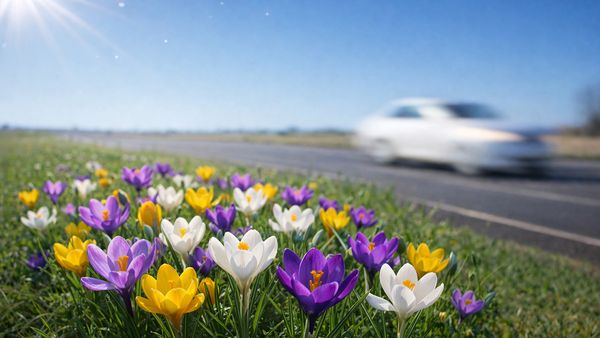 Krokusse auf einer grossen von Schnee bedeckter Wiese