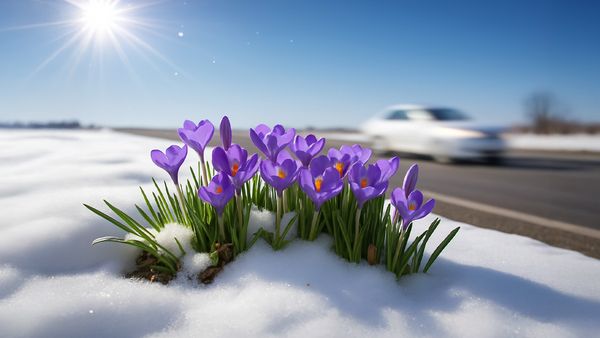 Krokusse auf einer grossen von Schnee bedeckter Wiese