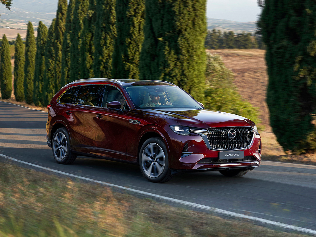 Mazda CX-80 auf einer Strasse in einer schönen Landschaft
